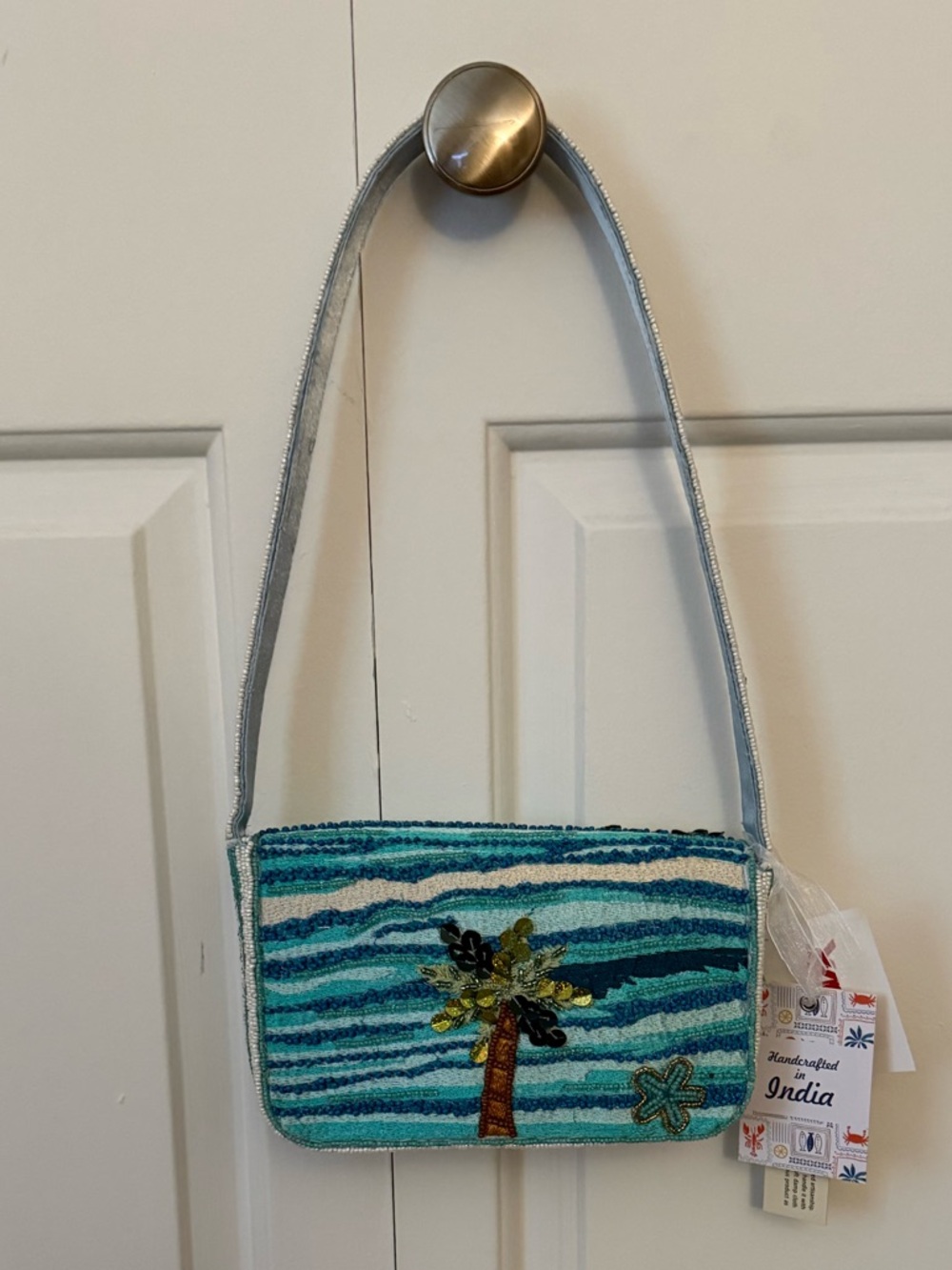 India Beaded Bag Turquoise Ocean Beach Surf Boards & Palm Tree - Picture 4 of 9